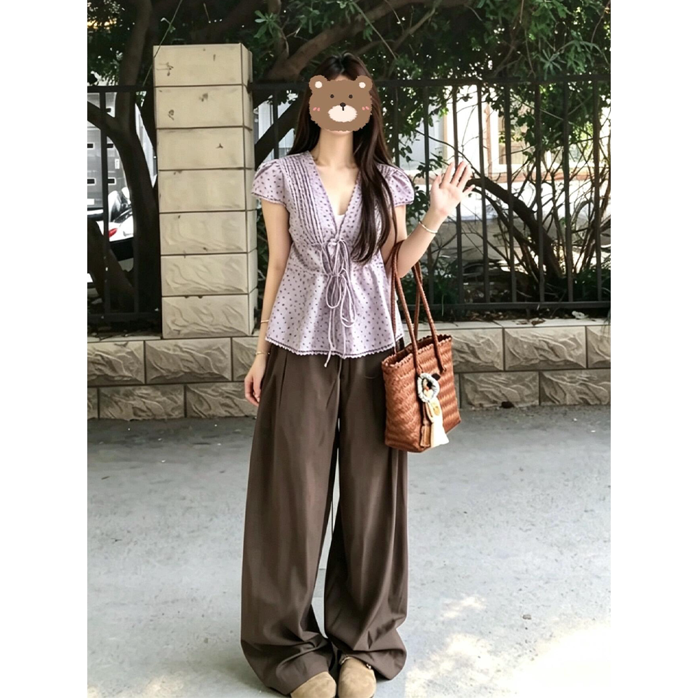 韩系碎花短袖衬衫女初夏季穿搭系带V领衬衣小衫修身显瘦紫色上衣
