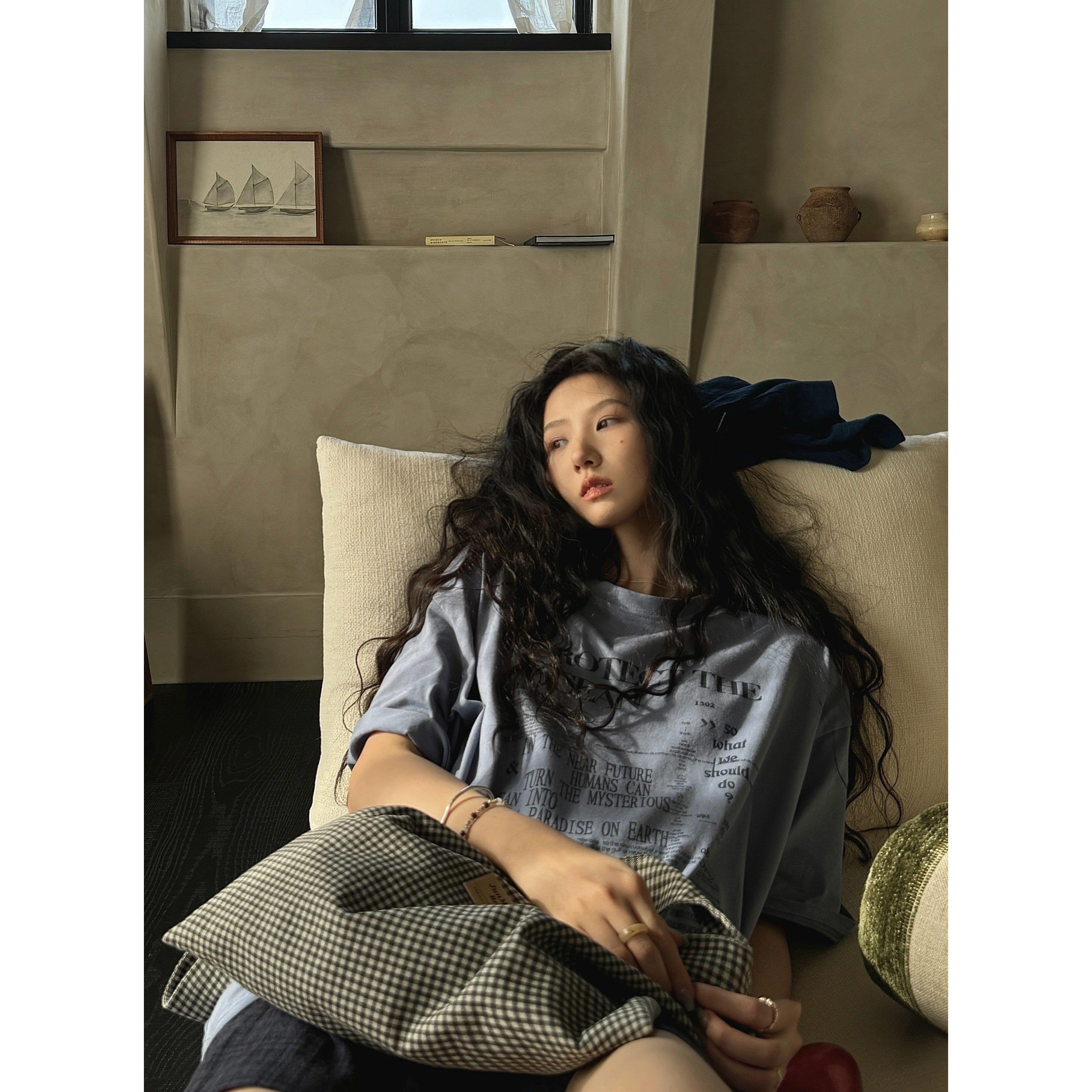 JMWOMEN 卡布里蓝 蓝色简约字母短袖T恤女2026夏纯棉宽松慵懒上衣