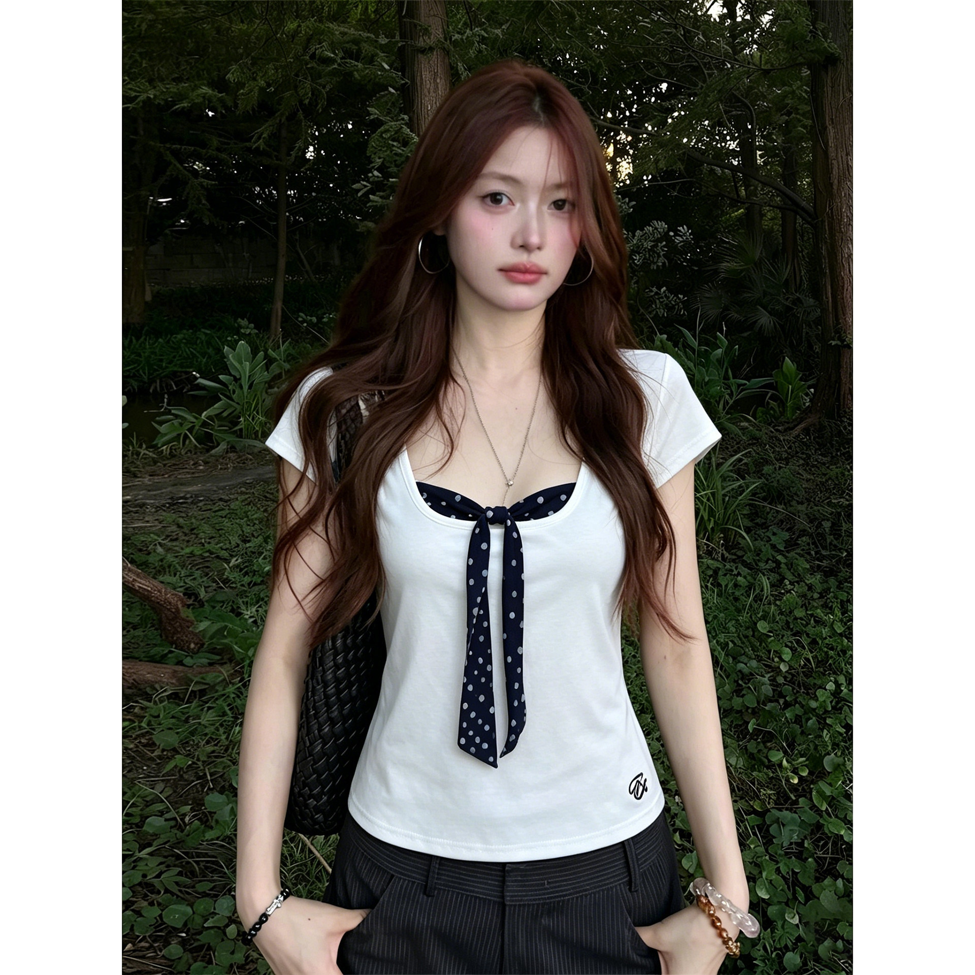 MARIE.COCO女装洋气时髦气质波点拼接假两件短袖T恤休闲裤套装