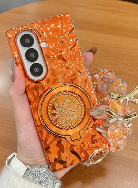 适用三星zfold7手机壳橙色新款Z Fold7发财支架翻盖外壳Z Fold 6折叠屏个性电镀硬壳Z Flip7防摔手提链保护套