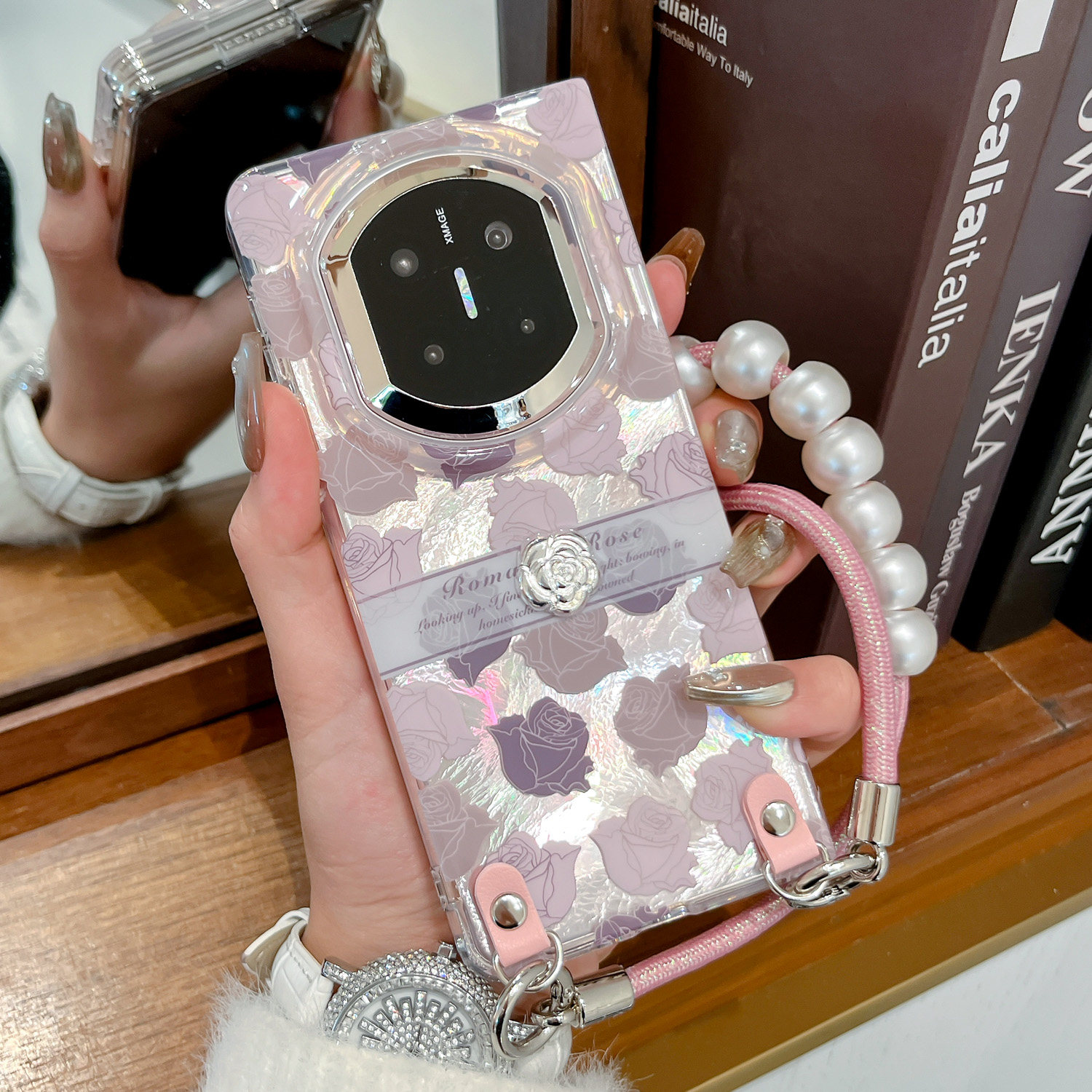 适用华为matex7手机壳新款matex6折叠屏超薄防摔外壳高级感matex5典藏版软壳matex3锡纸纹玫瑰花手提绳保护套