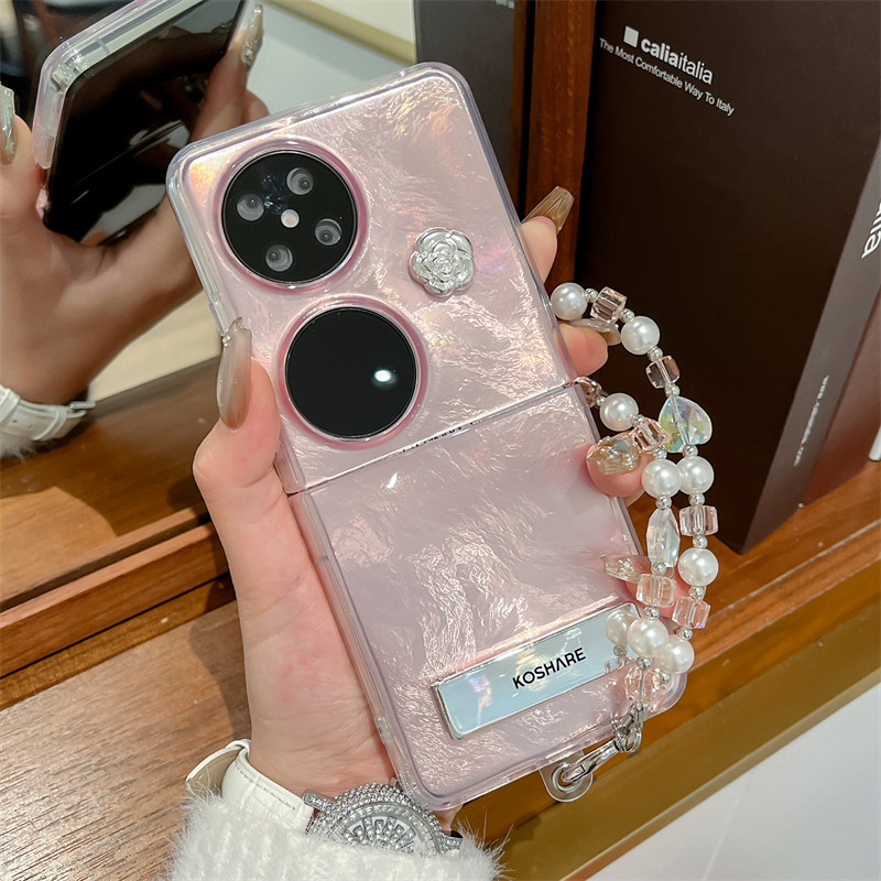 适用华为pocket2手机壳锡纸纹新款pocket S全包防摔壳p50pocket折叠屏高级立体玫瑰花网红女款手链软胶保护套