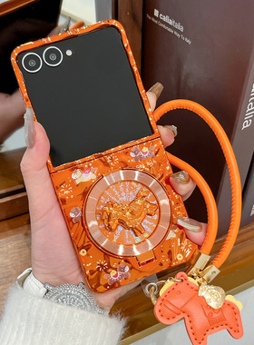 适用三星zflip7手机壳新款电镀橙色ZFlip6旋转马支ZFlip5折叠屏红色电镀外壳ZFlip4硬壳防摔皮绳ZFlip3保护套