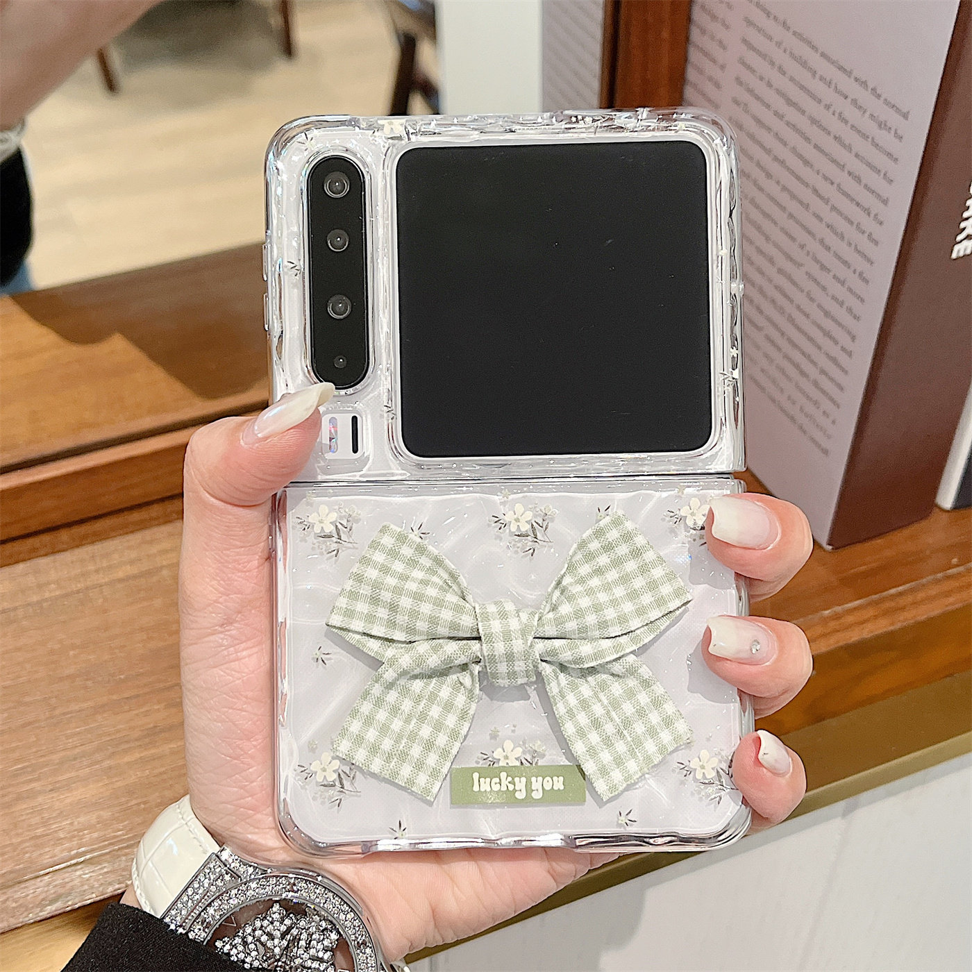 适用华为pura x手机壳新款透明水波纹小白花pocket2折叠屏硬壳防撞purax典藏版全包高级感格子蝴蝶结女保护套