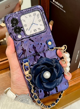 简约高级风适用华为novaflip手机壳新款电镀褶皱珍珠蓝色玫瑰花Nova flip折叠屏防摔硬壳nova编织手链保护套