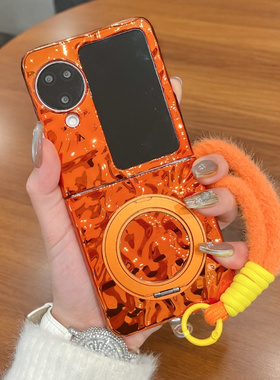 适用OPPOfindn2flip手机壳橙色新款N3 Flip创意解压360支架N3 Flip折叠屏电镀外壳Find N5硬壳防摔手绳保护套