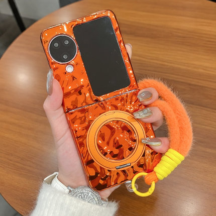 适用OPPOfindn2flip手机壳橙色新款N3 Flip创意解压360支架N3 Flip折叠屏电镀外壳Find N5硬壳防摔手绳保护套