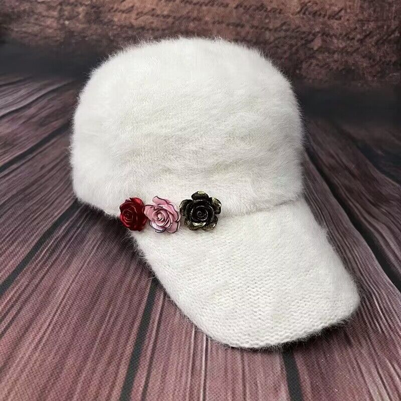 秋冬季女帽子 时尚洋气显瘦兔毛棒球帽黑白 百搭水钻羊绒保暖帽女