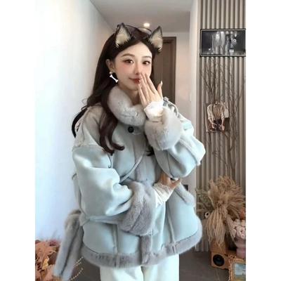韩版高级感皮毛一体加厚外套女2025秋冬新款宽松小个子麂皮绒外套