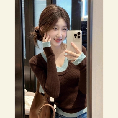 高级感拼色假两件v领长袖针织衫女秋季气质别致修身内搭打底毛衣