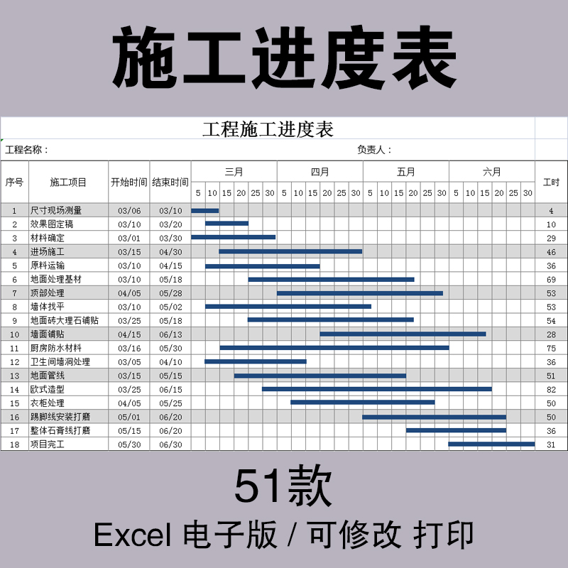 excel横道图施工进度计划条形表建筑室内装修工程项目自动网络图 商务/设计服务 样图/效果图销售 原图主图