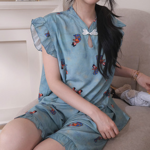 棉绸睡衣带胸垫女夏季 复古改良旗袍女士可外穿休息家居服套装 薄款