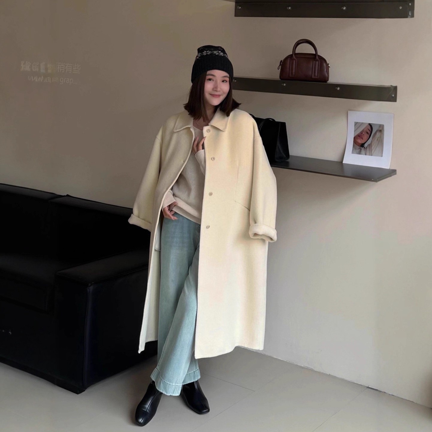 翻领双面单排扣羊毛大衣女长款