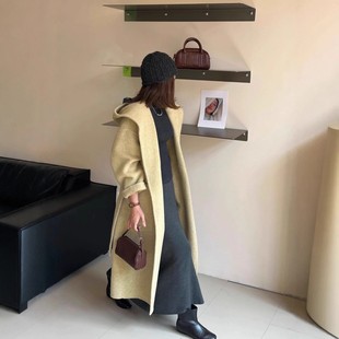 慵懒风双面羊毛大衣纯色长款宽松加厚保暖连帽羊毛毛呢外套秋冬女