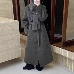 带围巾双面羊毛大衣 式 长款 腰带款 加厚保暖羊绒毛呢外套 阔版 新款