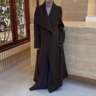 大翻领双面羊毛大衣长款宽松系带加厚保暖浴袍简约羊毛毛呢外套女