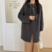 小个子毛呢外套 加厚保暖新款 韩版 宽松连帽双面羊毛大衣女中长款