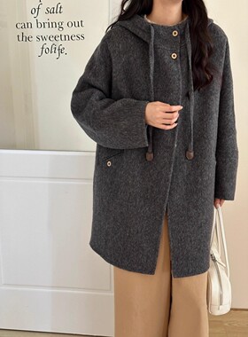 韩版宽松连帽双面羊毛大衣女中长款加厚保暖新款小个子毛呢外套