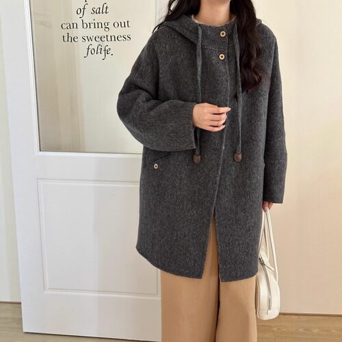 韩版宽松连帽双面羊毛大衣