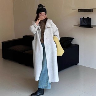 连帽双排扣立领双面羊毛大衣女长款宽松加厚过膝羊毛毛呢外套秋冬