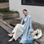 狐狸毛袖 口双面羊毛大衣女长款 宽松加厚保暖浴袍系带羊毛毛呢外套