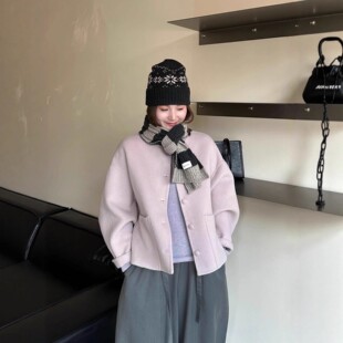 香芋色显白气质百搭双面羊毛大衣短款 圆领加厚保暖宽松廓形外套