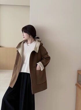 双面双色AB面羊毛呢大衣 中长款连帽宽松版型加厚保暖羊绒外套女