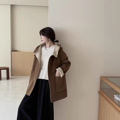 新款连帽双面羊毛大衣短款