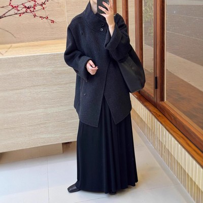 双面羊驼绒毛呢大衣中长款立领
