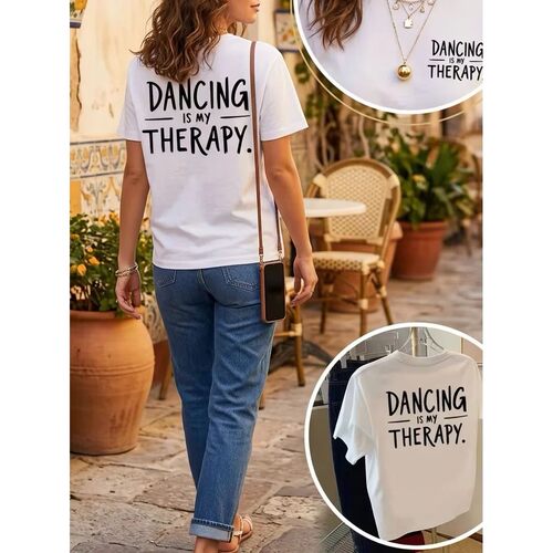 Dance Therapy Print T-shirt  Short Sleeve Crew Neck Casual T
