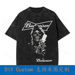Skull Holding Budweiser Beer Logo Vintage Oversized T-Shirt