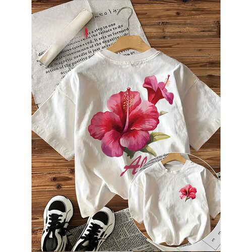 Hawaiian Tropical Floral Print T-Shirt Soft Crew Neck Short