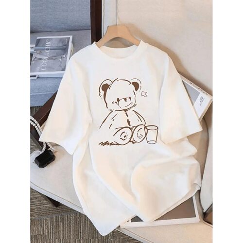 Cute Teddy Bear Print Crew Neck Tops  Fit Short Sleeve Carto