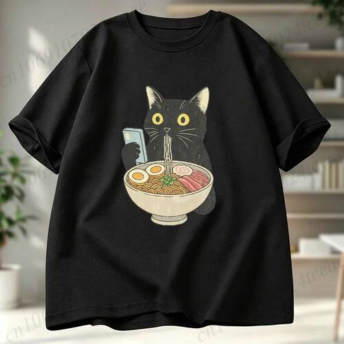 Cat Eating Ramen Funny Shirt,Graphic Tee for Cat Lovers,Vint