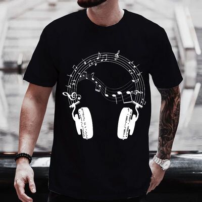 Musical Notes Headphone Print Men T-Shirt Summer Men Tshirts