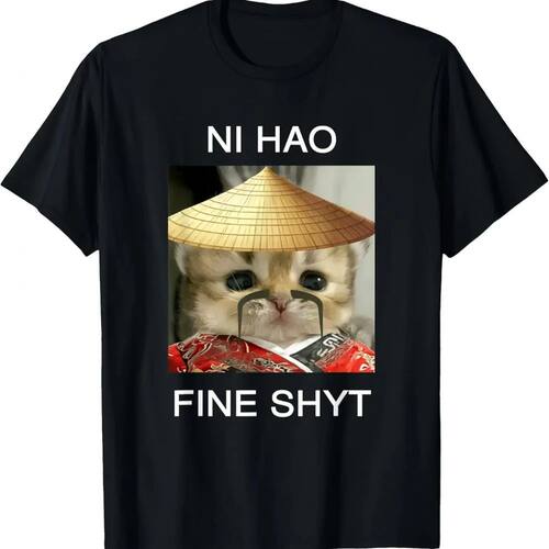 Funny Z Gen Meme T-Shirt Ni Hao Fine Shyt Chinese Text Cat C