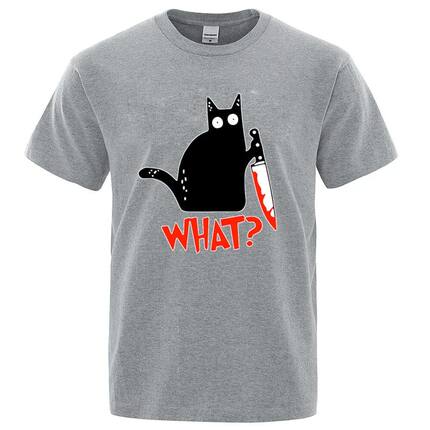Funny Knife Cat Cartoon Printed T-Shirt Men Fashion Casual S
