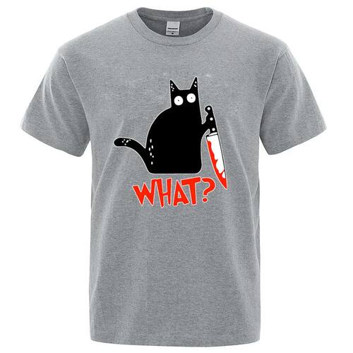 Funny Knife Cat Cartoon Printed T-Shirt Men Fashion Casual S