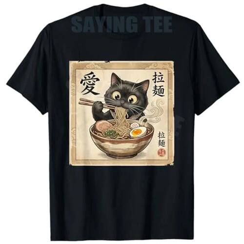 2026 New Fashion Cartoon Kawaii Ramen Cat Vintage T-Shirt Ja