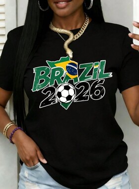 Brazil 2026 Football Prints Cotton T-Shirts Womens Summer Ov