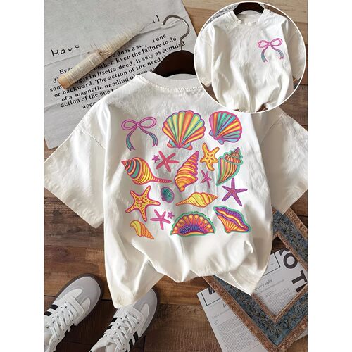 Vintage Colorful Ocean Shell Graphic T Shirt Women Summer Re