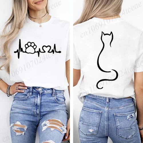 Tee Y2k Cat Heartbeat Print T-shirts for Women Harajuku Summ
