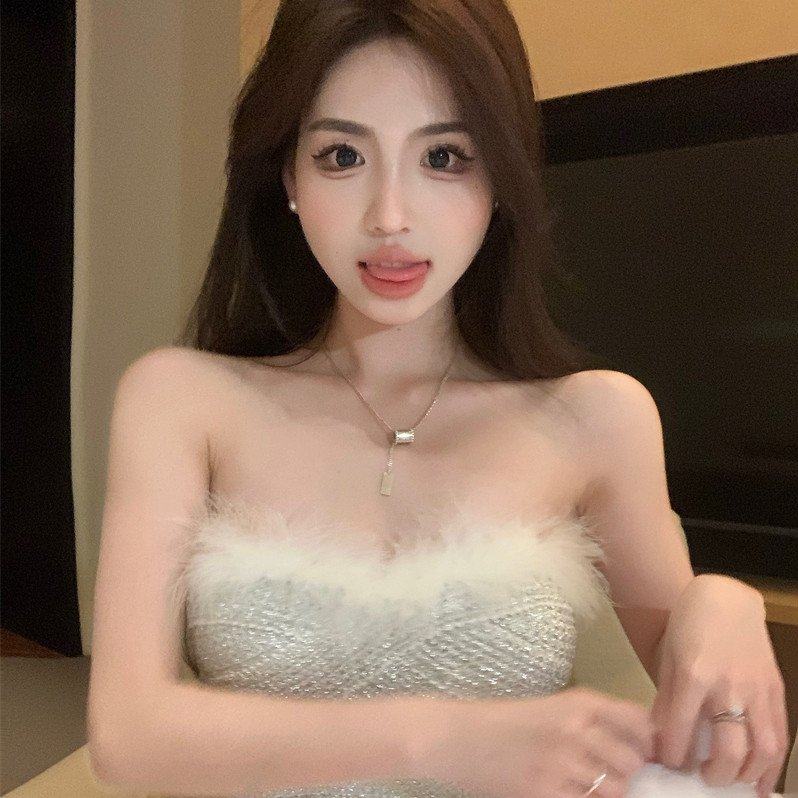 实拍实价 法式小众一字肩短款毛毛小背心抹胸上衣女,女装/女士精品,抹胸,淘宝优惠券,粉丝福利购,淘宝优惠卷