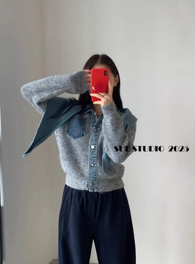 SUE水洗牛仔拼接设计感针织毛衣开衫冬季新款韩系上衣外套女37231