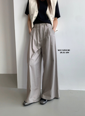 SUE秋季新品抽绳天丝棉阔腿裤子韩系显瘦高腰休闲直筒长裤女99033