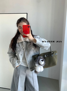 SUE韩系复古感洗水加绒翻领毛毛牛仔外套氛围感面包服上衣女97136