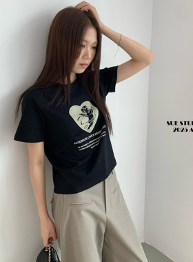 SUE秋季新款美式甜辣风印花显瘦上衣韩系撞色百搭短袖T恤女81022