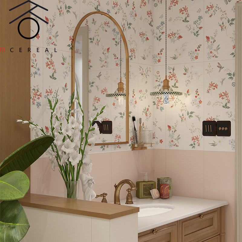 轻美式新中式花鸟绿植卫生间墙面砖400x800餐厅厨房浴室花片瓷砖