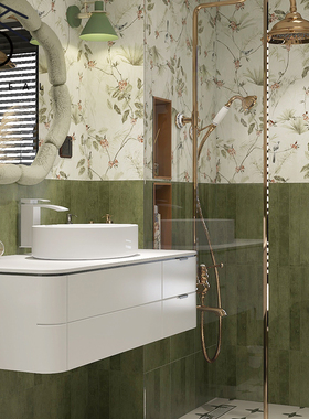 法式美式复古绿色复古绿植仿壁纸花砖300x900卫生间浴室背景墙砖