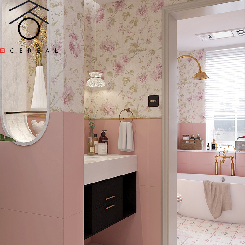 小清新粉色玫瑰花花砖卫生间浴室墙地砖北欧女儿房瓷砖阳台小花砖